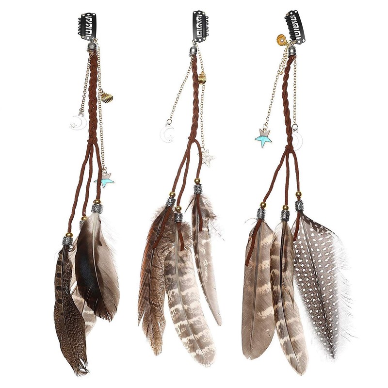 AWAYTR Hippie Feather Hair Extension Clip Bohemia 1 Count (Pack of 3), 3color