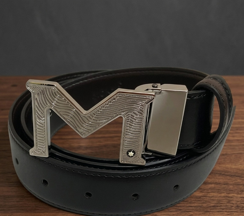 Luxury Look Montblanc Men’s Reversible Leather Belt Silver M-Letter Buckle w/Box