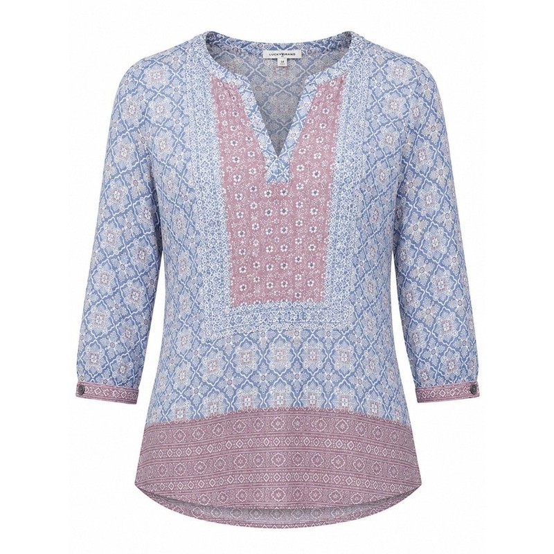 LUCKY BRAND | Boho Print Cotton Modal Peasant Tee Tunic Dusty Blue Pink Top | 1X