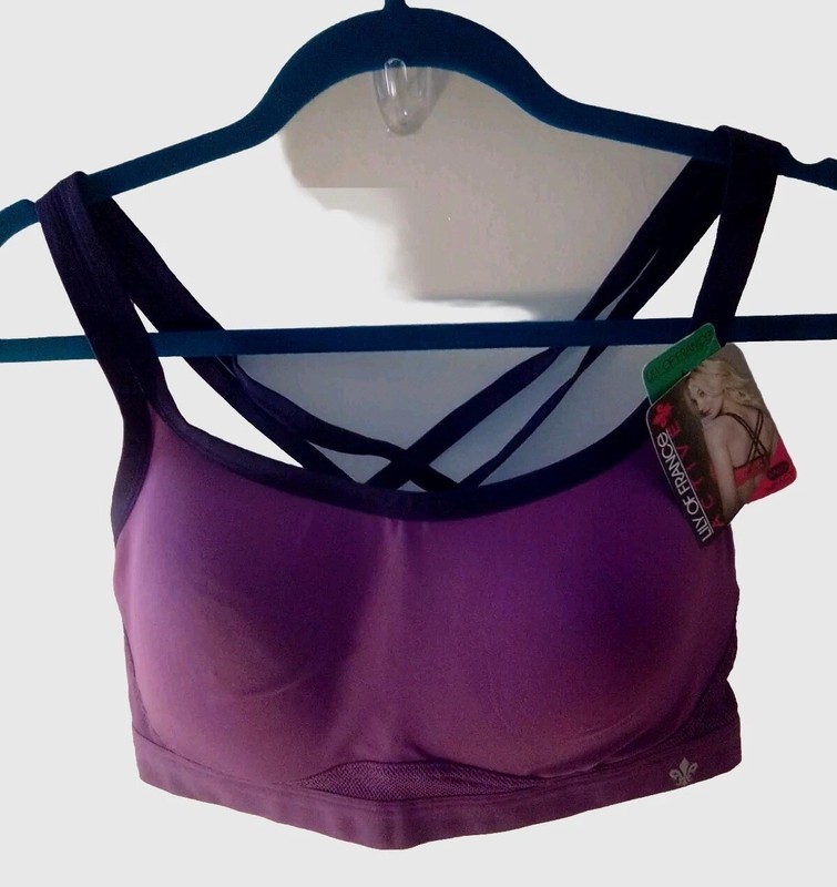 Lily Of France Women’s Sports Active Bra Cross-Back Medium Impact Purple Ink L