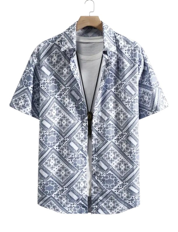 Rakht-101 short sleeve shirt XXL gray white ornament pattern summer casual