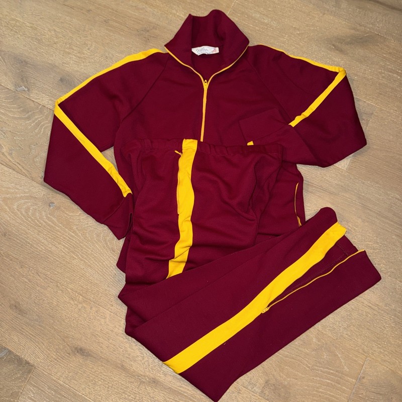 Vintage 70s 80s Court Casuals 2 Pc Track Jacket & Pants Mens Large Maroon/Yellow