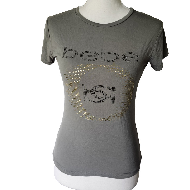 Bebe T Shirt Womens S Olive Green Rhinestone Logo Short Sleeve Top Y2K