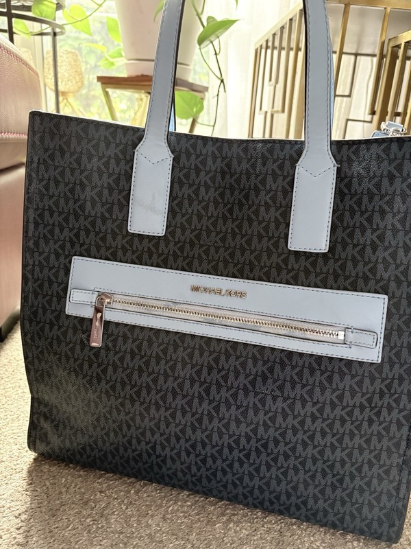 Michael Kors MK Logo Zip Tote Black/Blue Double Handles Detachable Strap