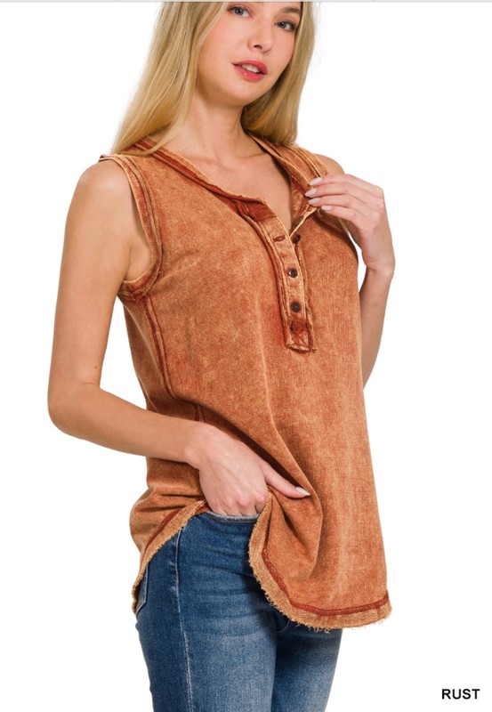 ZENANA 5251 Color Washed Henley Tank top Tunic 100% CottonRaw Edge Exposed Seam gallery