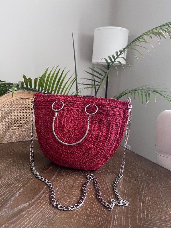 Red Half Moon Knitted Paper Yarn Crossbody Bag Silver Chain Strap Handmade gallery