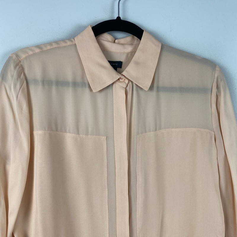 Theory Silk Blend Durlia Button Up Shirt Size Small Soft Peach Sheer Long Sleeve gallery