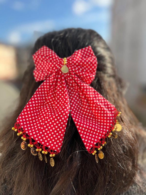 Red Hair Clip with Gold Coins, Handmade Crochet Accessory Unique Boho Vintage gallery