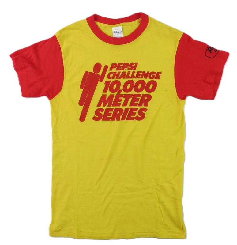 VTG 80s USA Adult XXS 2XS Yellow Pepsi Challenge 10k Meter Run Ringer T Shirt