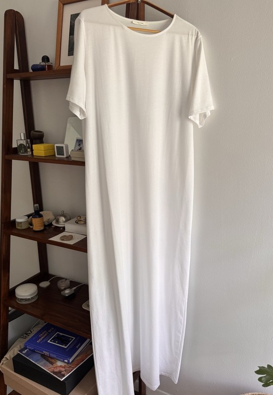 THE ROW White Cotton Knit Lightweight Maxi T-Shirt Dress, Short Sleeve Size L