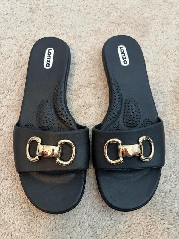 Lonza Black Slip On Sandals Flip Flops Womens Size M/L Gold Hardware Made in USA