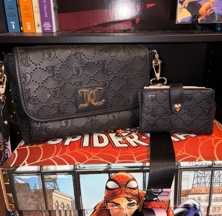 Juicy Couture Black Embossed Logo Crossbody/Chain Strap + Matching Wallet