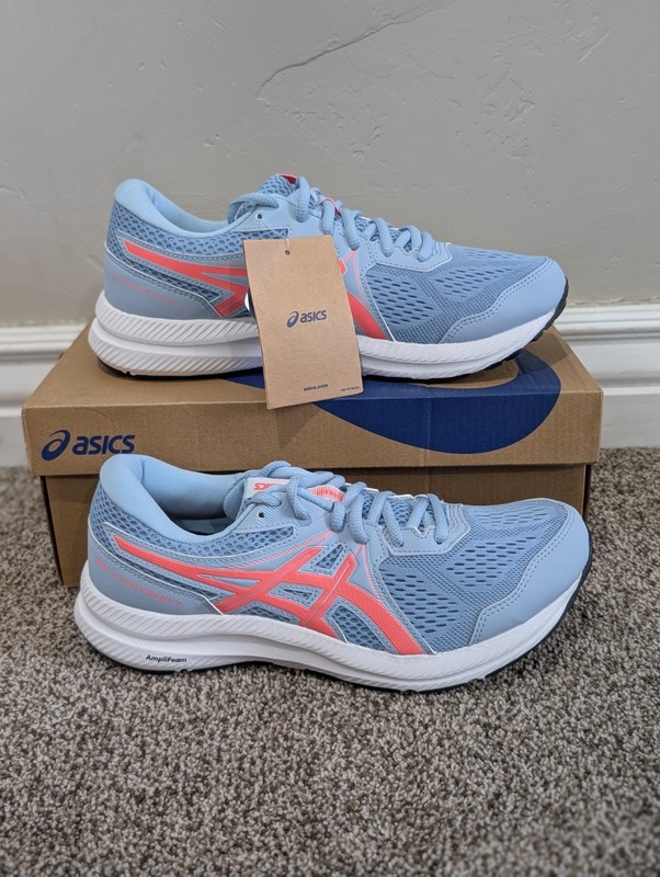 Size 9W Women’s Asics Gel Contend 7 Mist/Blazing Coral Athletic Shoes 1012A10406