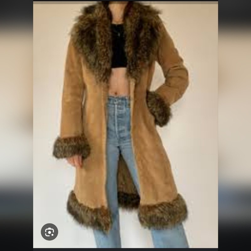 Vtg Camel Faux Fur-Trimmed Leather Coat Womens 14 Penny Lane 70s Afghan Hippie gallery