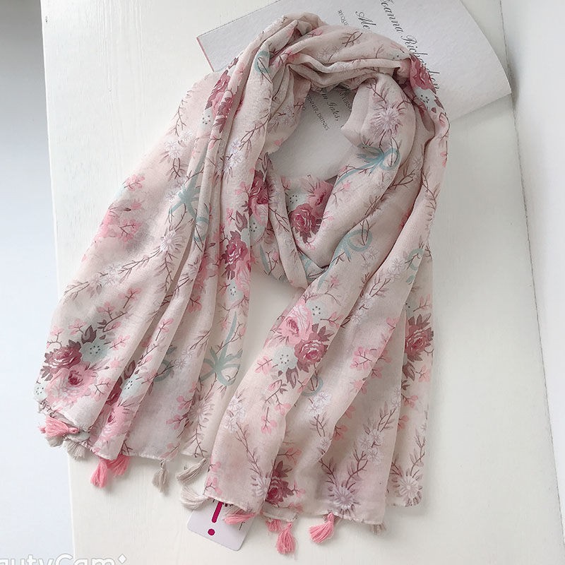 Pink Floral Tassel Cotton Linen Scarf Beach Shawl Wrap Sunscreen for Women