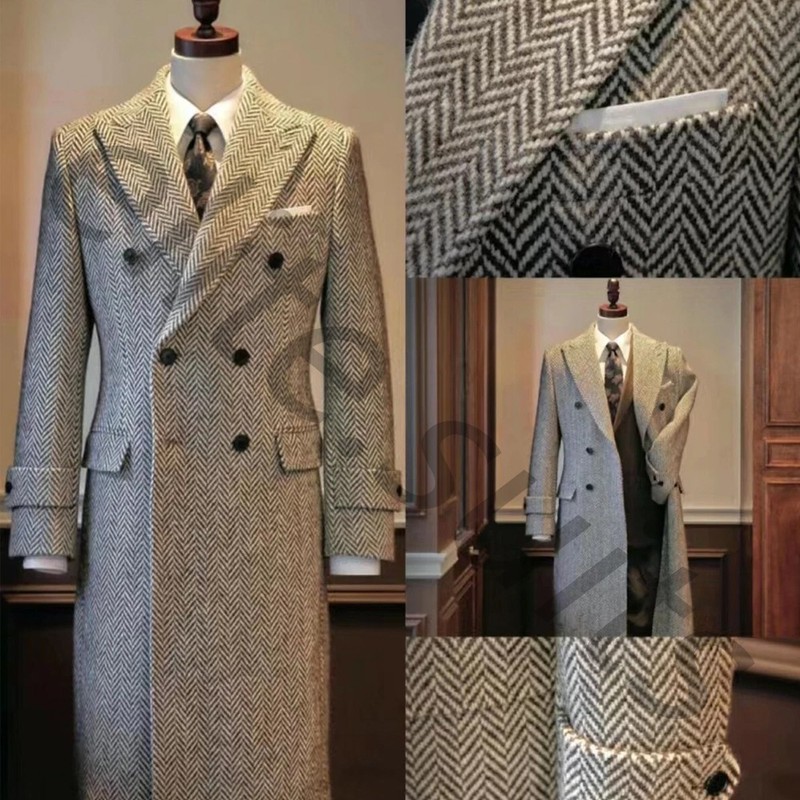 Men’s Overcoats Herringbone Tweed Peak Lapel Double Breasted Formal Long Coats