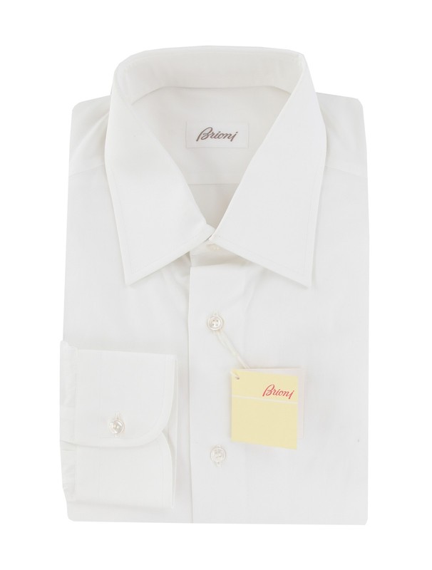 $800 Brioni White Solid Cotton Shirt – Slim – (BR552616)