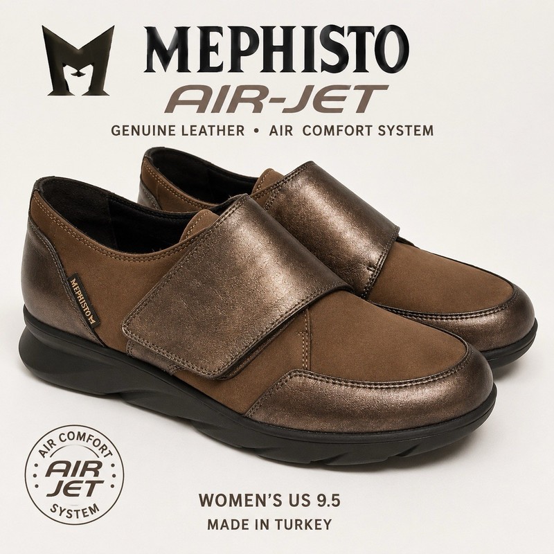 Mephisto Air Jet Leather Comfort Shoes Bronze Brown Hook Loop Womens US 9.5