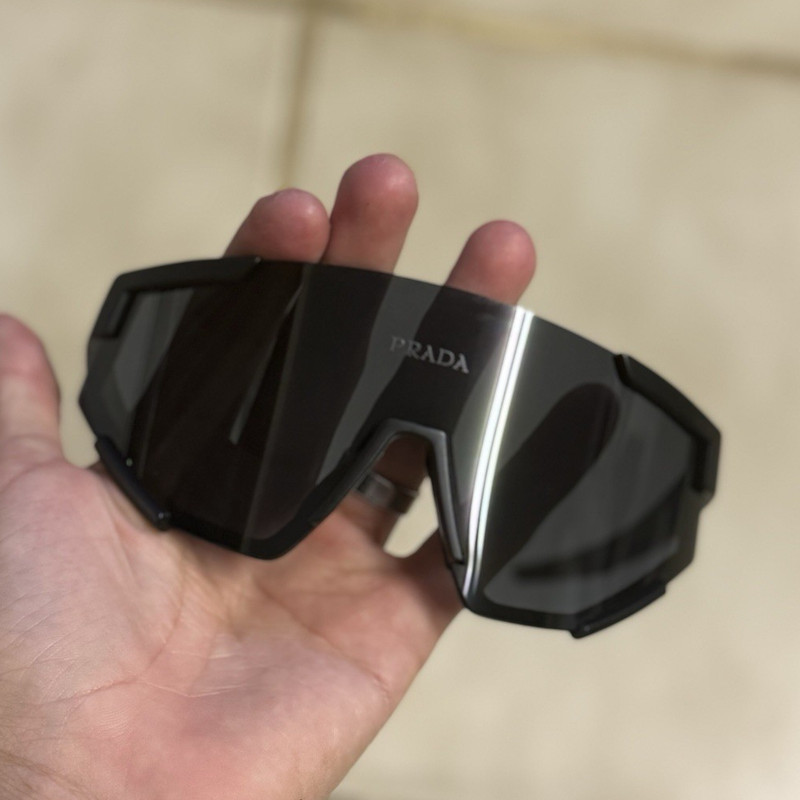 PRADA Men’s Wrap Sunglasses Black Plastic Frame Mirrored Black Lenses