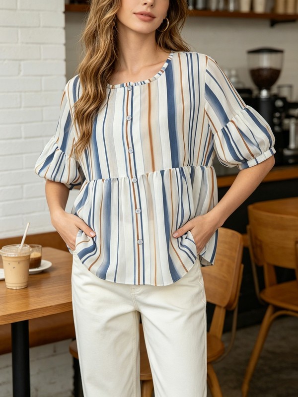 Short Puff Sleeve Crew Neck Button Shirt Light Breathable Cozy Daily Wear Blouse gallery