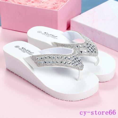 Womens Platform Sandals Slipper Rhinestone Wedge Heel Flip Flops Thick Sole Flat