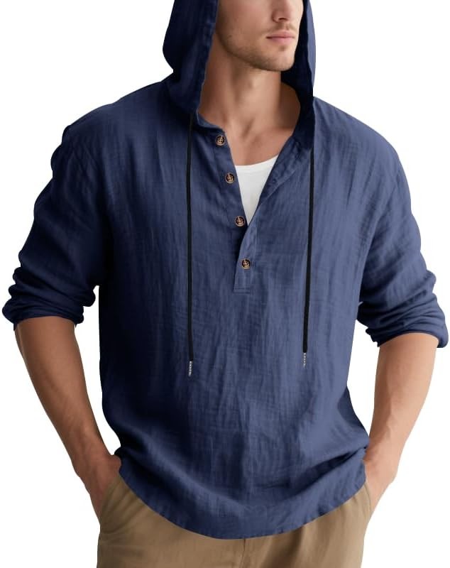 Men Cotton Linen Hoodie Shirt Long Sleeve Button Down Casual Hawaiian Beach Yoga gallery