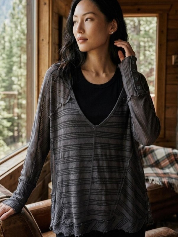 Free People Semi-Sheer Striped Knit Top in Charcoal Gray