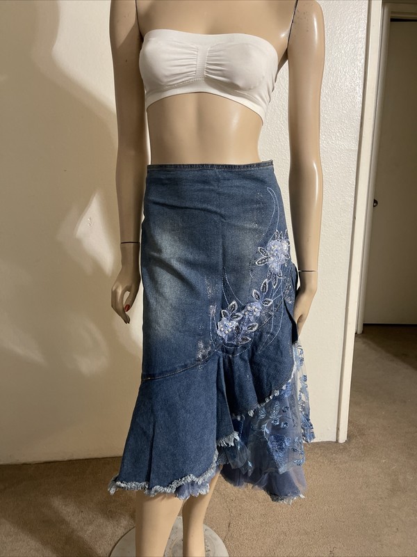 Women’s Blue Denim Cotton Casual Stretch Beads Boho Zip Size XL(10-12) Skirt 901 gallery