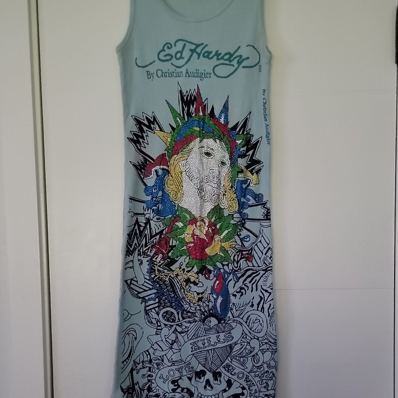 Vintage Y2K Ed Hardy by Christian Audigier Embellished Graphic Tank Dress Y2K
