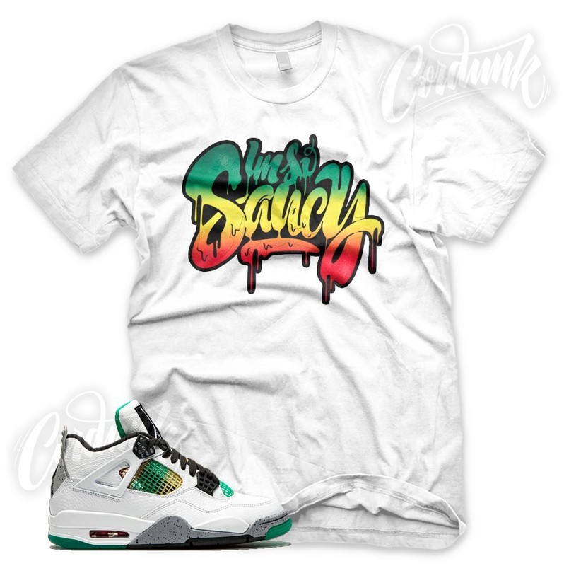 White SAUCY Sneaker T Shirt for J1 4 Rasta Lucid Green Carnival Multi