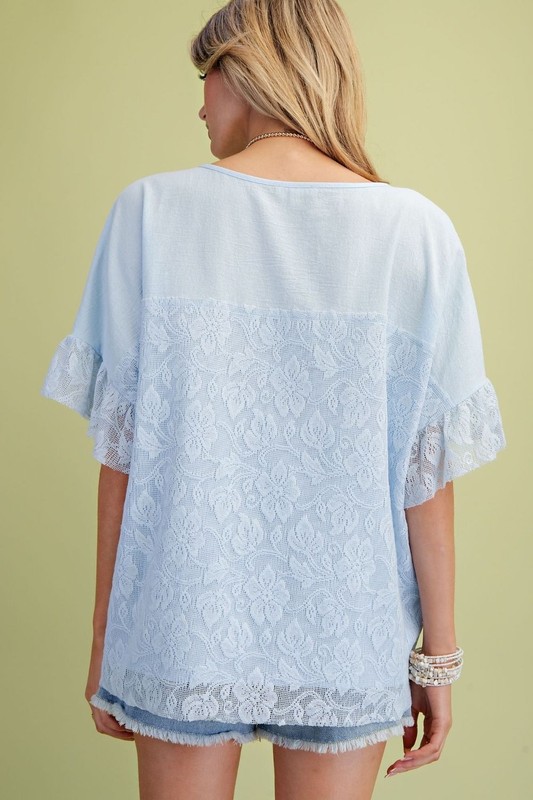 Easel Women's Lace Trim Ruffle Sleeve Cotton Top in Blue gallery