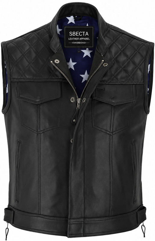 Men’s Black Leather Motorcycle Vest USA Flag Liner Biker Club Riding Side Strap