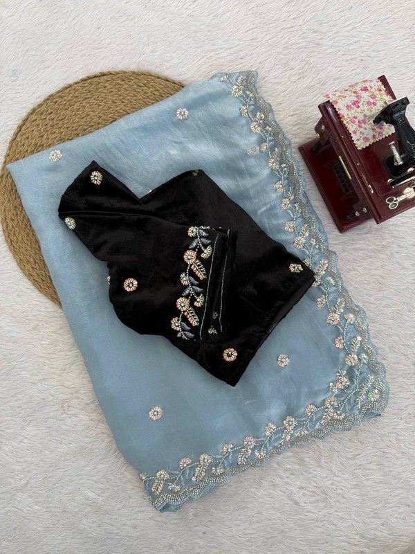 Beautiful Heavy Silk Sky Blue Saree With Blouse For Women Wedding Wear gallery