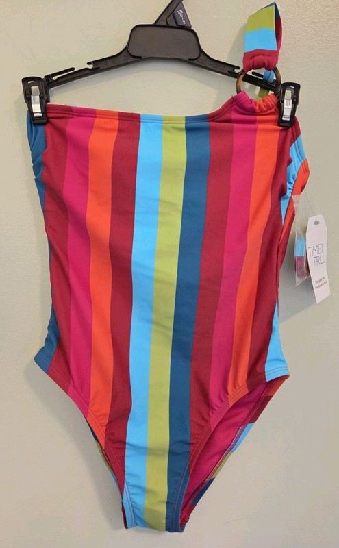 Time and Tru Women’s XS 0-2 One Shoulder Convertible Swimsuit STRIPED Red Pink