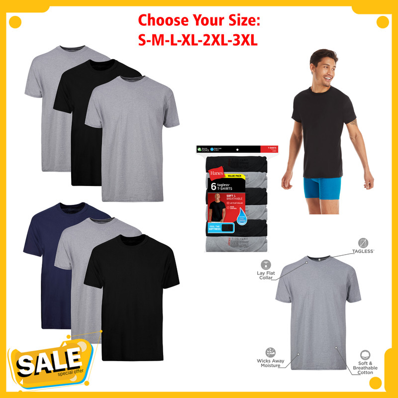 6 Pack Hanes Men’s Value Pack Assorted T-Shirt Undershirts Size S-3XL NEW