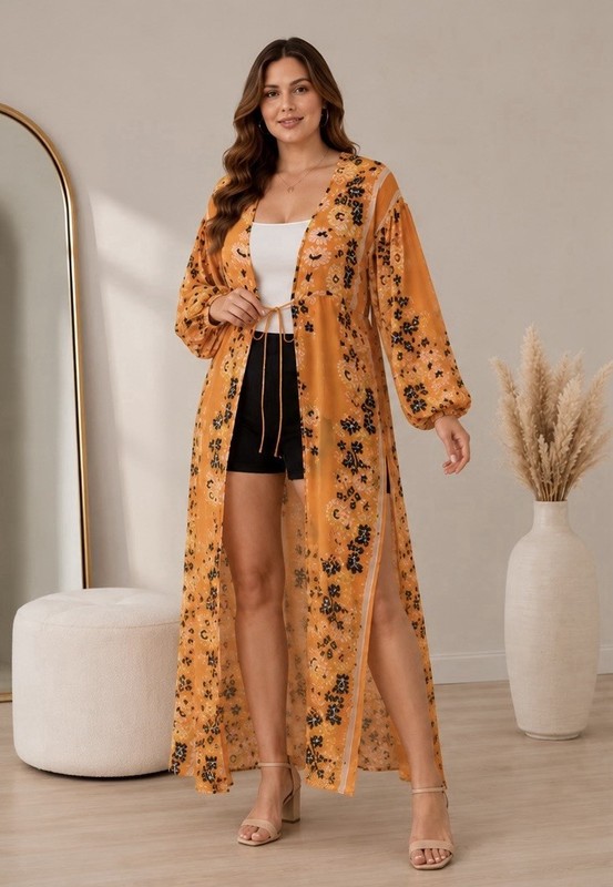 Free People L Orange Floral Sheer Mesh V-Neck Balloon Sleeve Tie Front Kimono