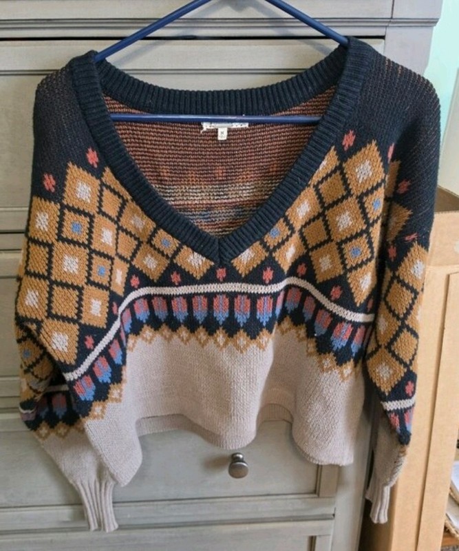 Greenfield Geometric Knit V-Neck Pullover Sweater Long Sleeve Multicolor M