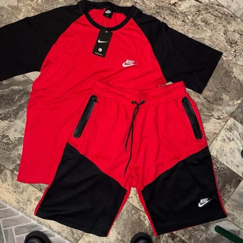 Nike Dri-FIT Men’s Red/Black Colorblock 2pc Set L Tee & Shorts Pockets