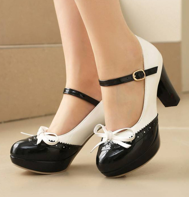 Candy Colored Thick Heel Patent Leather Women’s Bow Sweet Princess Pumps Shoes