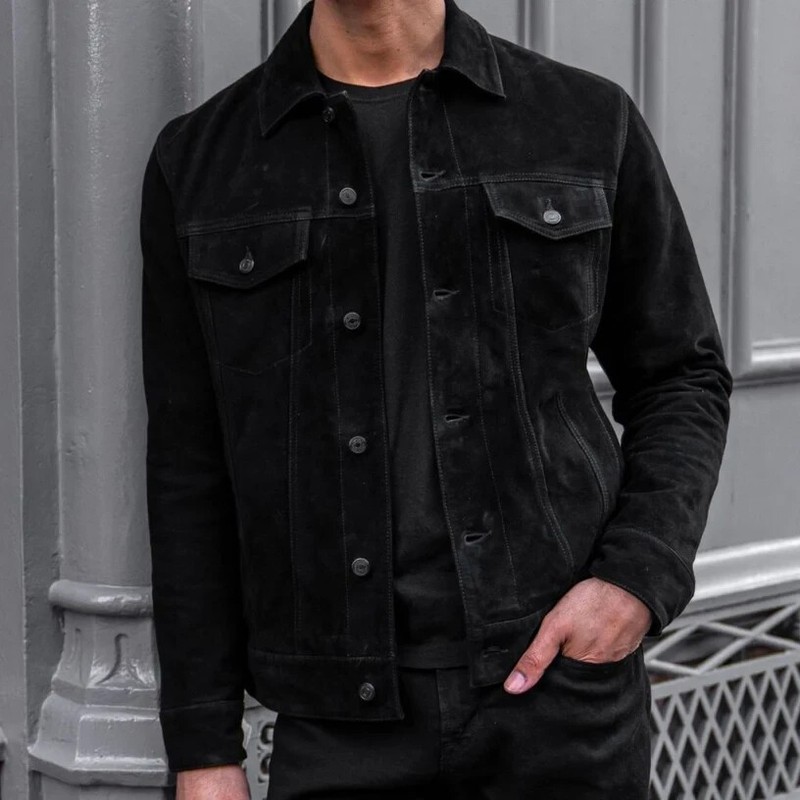 Men’s Black Suede Leather Jacket Trucker Classic Denim Durable Coat Jacket