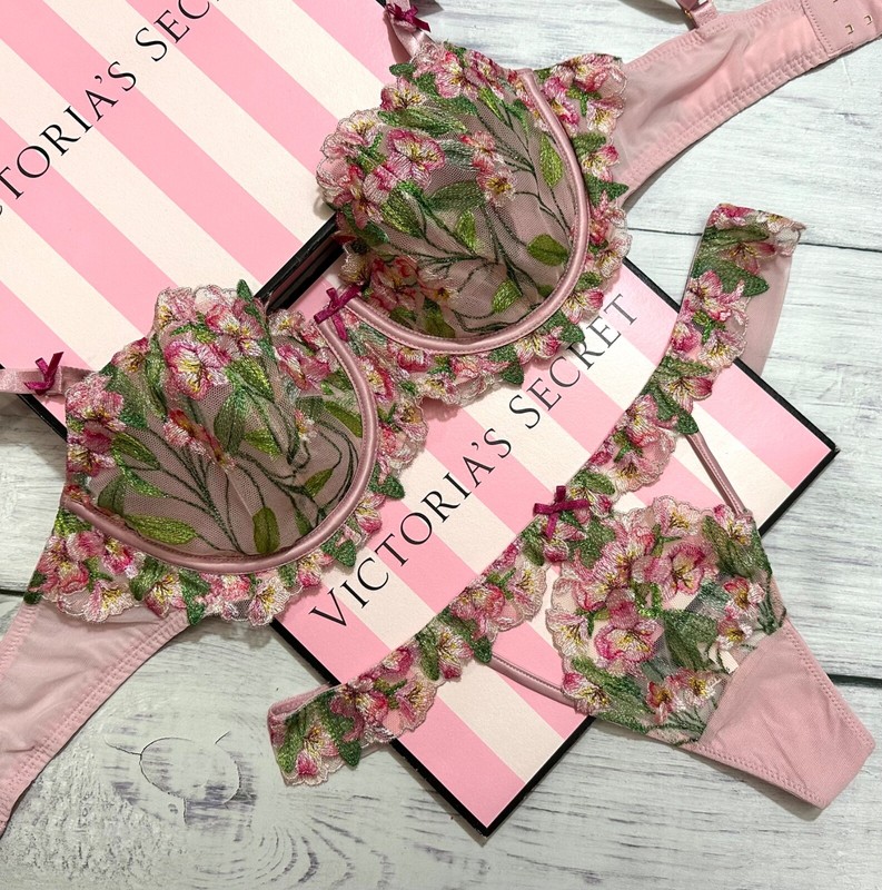 Victoria’s Secret Chalk Rose Embroidery Wicked Unlined Balconette Bra Thong Set gallery