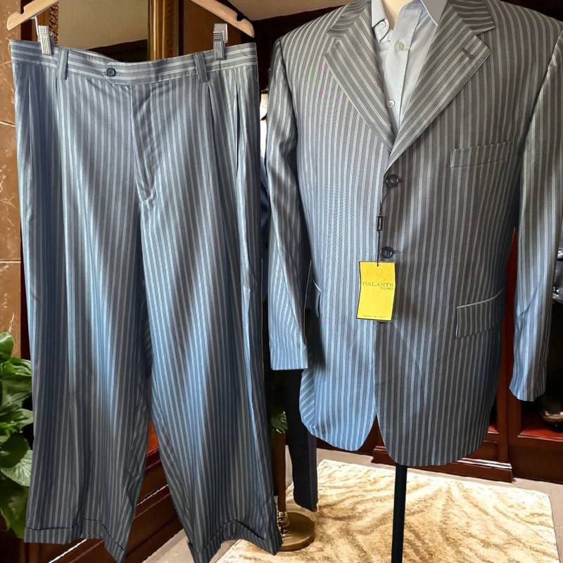 New Vtg 90s Wide Trouser Leg Suit 44L 32×29 Silk Wool Made In Italy