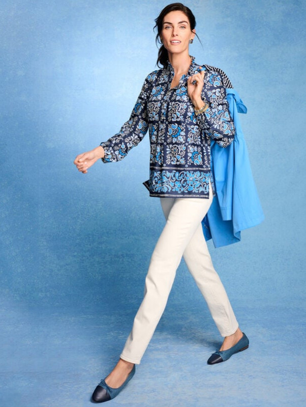 TALBOTS Ruffle Popover – Jacobean Border, INDIA INK MULTI (New)