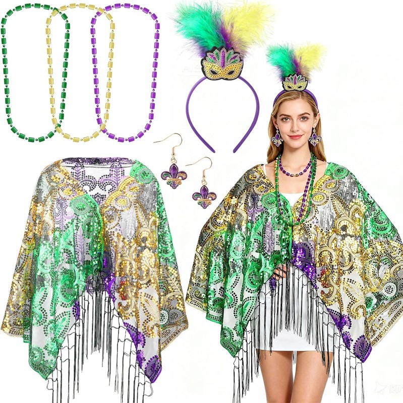 Mardi Gras Costume Accessory Set for Women Shawl Scarf Cape Mardi Gras Beads Hea