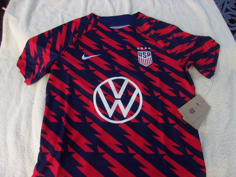 NWT Nike dri fit T, red & blue, USA men’s soccer, VW, men’s S, M, L, $75, poly.