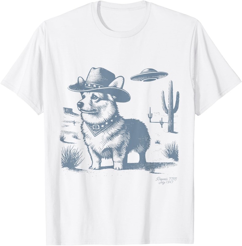 Vintage Funny 90s Western Cowboy Corgi Ufo T-Shirt