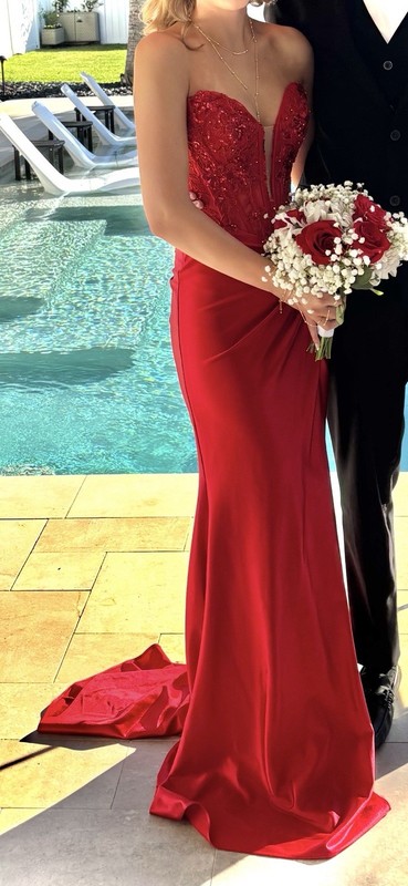 Long Red Embroidered Sequin Corset Lace Applique Prom Dress Size 0 Formal Gown