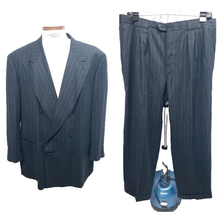 Pal Zileri Suit US 50 52 EU 58 R Wool Cashmere Double Breasted Striped Gray Navy