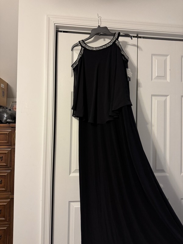 Alex Evenings Black Chiffon Maxi Dress Rhinestone Round Neck Cold Shoulder
