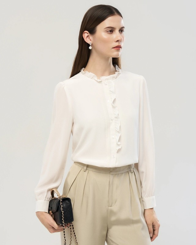 Long Sleeve Silk Blouse with Ruffle Trim